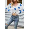 Spring V-neck ripped hole sexy exposed navel knitted sweater for women